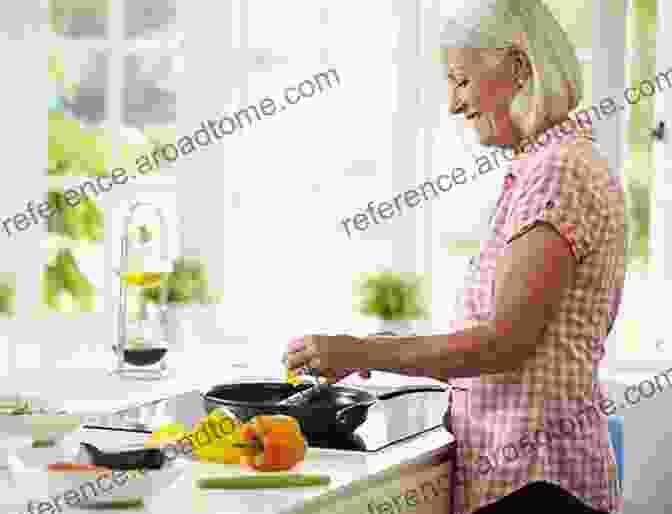 A Smiling Senior Woman Cooking A Healthy Meal In Her Kitchen, Surrounded By Fresh Fruits And Vegetables. 30 Day Diet For Senior Woman 1200 Calorie